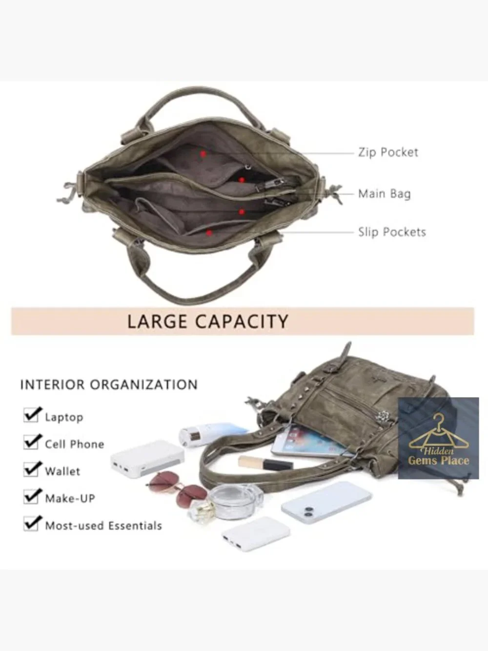 Vegan Leather Multi Pocket Retro Hobo Satchel Tote Bag Laptop